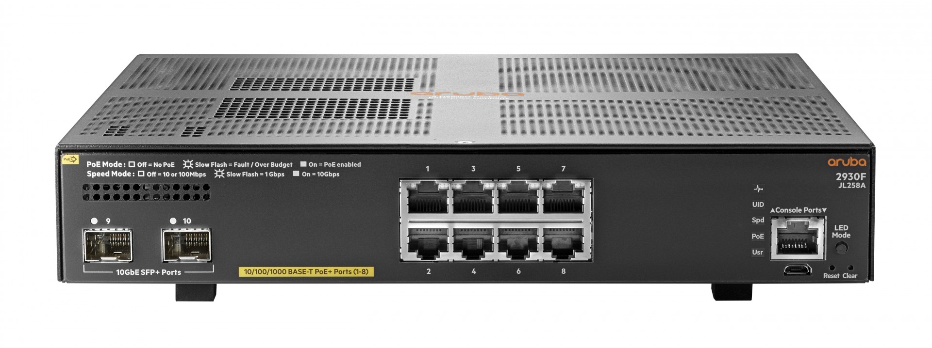 HPE Aruba 2930F 8G PoE+ 2SFP+ Managed L3 Gigabit Ethernet (p/n- JL258A)